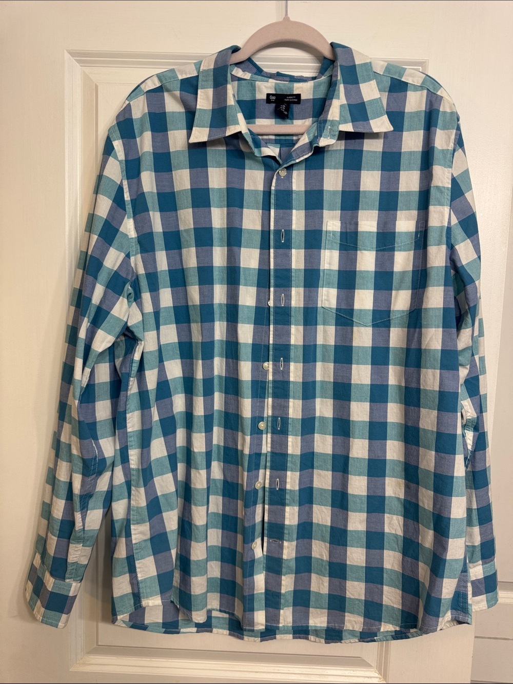 GAP Teal & White Check Long-Sleeve Button-Down Shirt